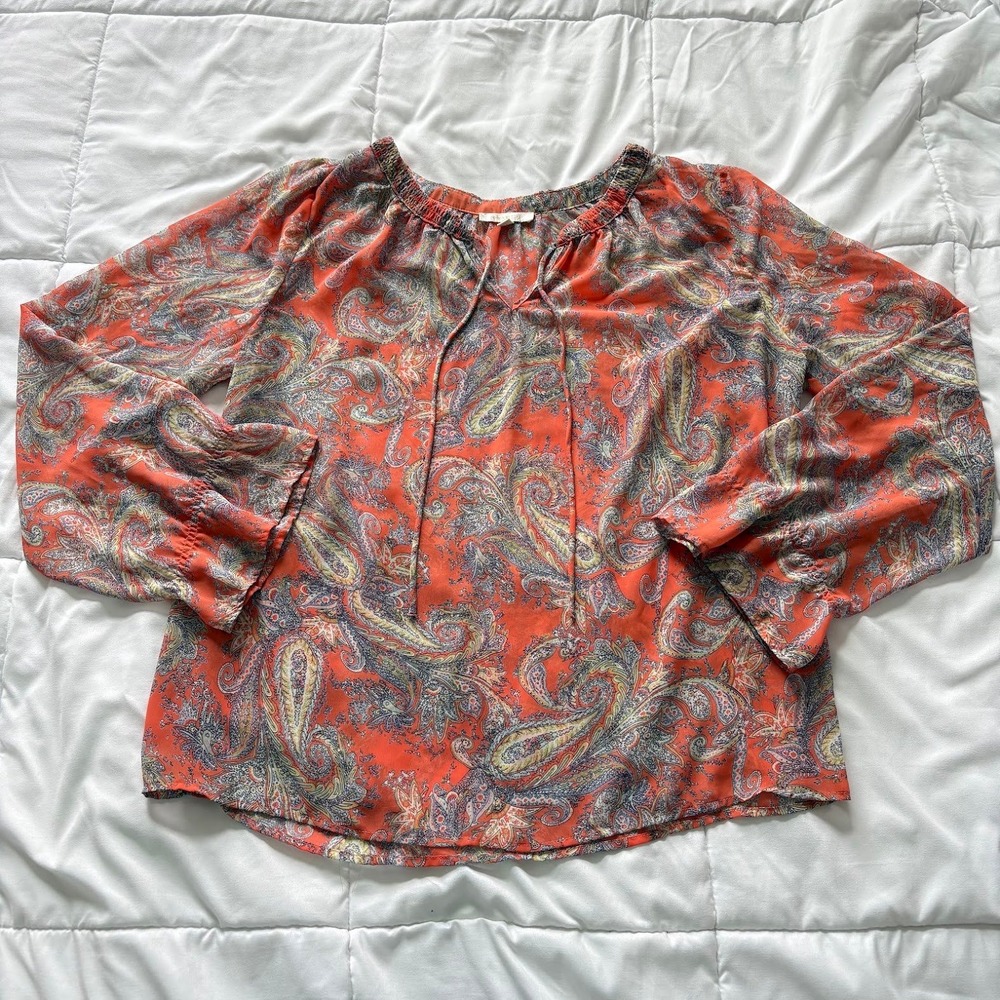 Skies Are Blue Orange Paisley Ruffle Sleeve Peasant Blouse XL Cottagecore Preppy